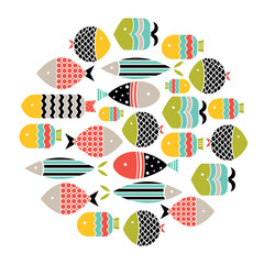 Cute decorative vector card with fish. Around motif.