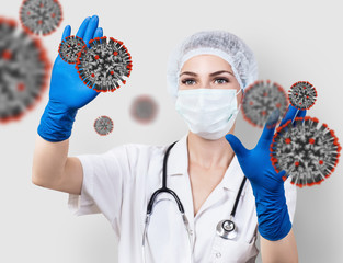 Female doctor control by hands viral cell coronavirus.