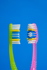 green and pink toothbrush on blue background, couple