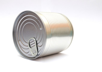 tin can without logo on a white background, closed tin can, food preservation, space for text, close-up