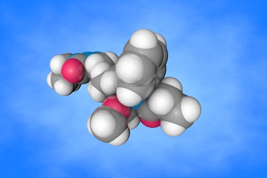 Space-filling molecular model of alfentanil. Atoms are represented as spheres with conventional color coding: carbon (grey), oxygen (red), nitrogen (blue), hydrogen (white). 3d illustration