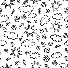 Charming summer or spring pattern with the sun, clouds and flowers on an isolated background. Vector illustration. Stock illustration. You can use this pattern on wrapping paper or print on fabric.
