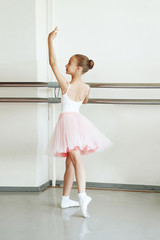 Little ballerina girl in a pink tutu. Adorable child dancing classical ballet in a white studio....