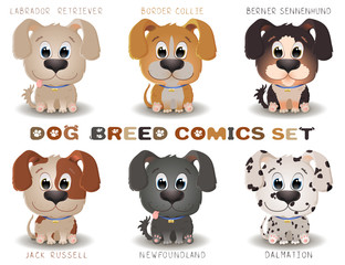 Vector set with cute dogs breeds in cartoon style. Game UI Flat. Little Puppys in different colors.