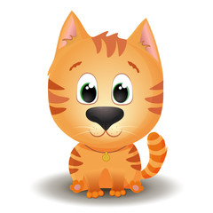 Vector cute red tabby cat with big eyes in cartoon style. Flat character illustration isolated on white background