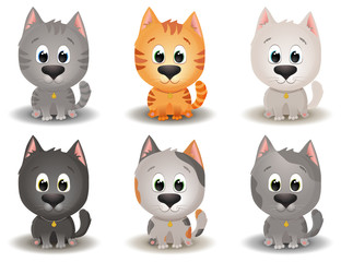 Vector set with cute cats breeds in cartoon style. Game UI Flat. Little kittens in different colors