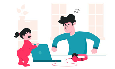 Father is angry at his little daughter, who constantly interferes him from work. Parenting problems during covid-19 quarantine. Working from home and staying safe colorful vector illustration.