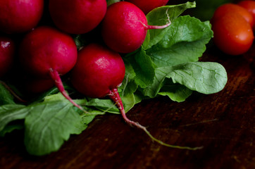 Fresh radish with green tops on a dark wooden background, drops of water on vegetables, space for text, close-up