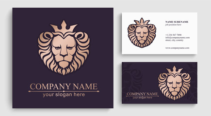 Lion logo. Lion head with crown - vector illustration, emblem design. Universal company symbol. Heraldic premium logo icon sign.