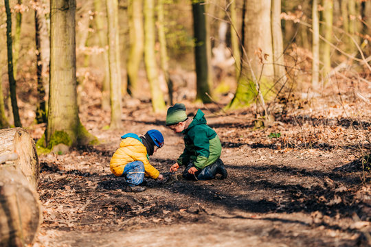 Br&uuml;der spielen gemeinsam im Wald auf dem Boden