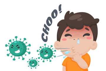 Cartoon sick boy High fever and coughing But he does not wear a mask to prevent the corona virus from spreading.