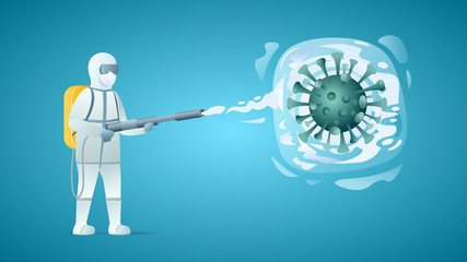 Medical scientist in hazmat suit cleaning and disinfecting coronavirus cells. Epidemic MERS-CoV virus 2019-nCoV. Vector flat illustration concept on blue background.
