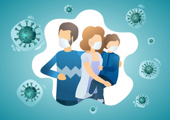 Family is protecting their child from virus COVID-19. People wearing masks and stop the spread of viruses. Coronavirus quarantine.  Vector flat illustration concept.
