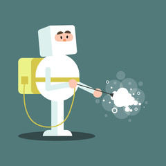 Man in Protective Suit and Mask cleaning and disinfecting coronavirus cells epidemic mers-CoV virus disinfect protection concept wuhan 2019-nCoV pandemic health risk. disinfecting City Street, vector