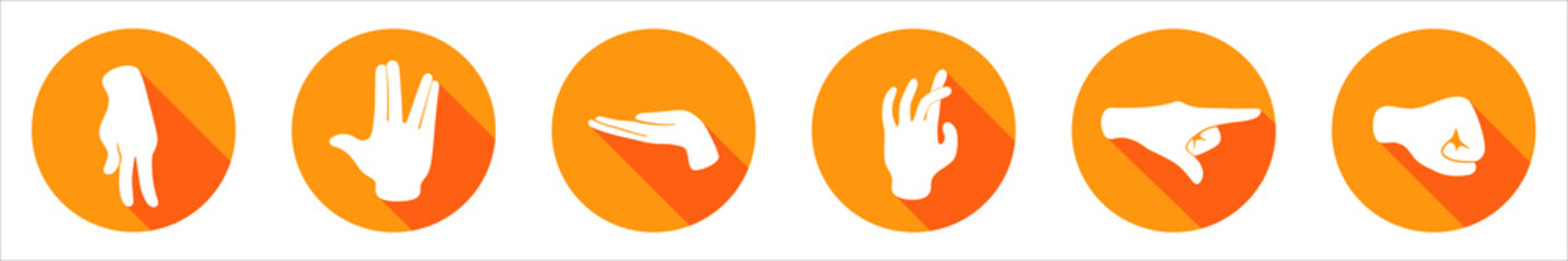 Vector flat icon with six items. Sign with hand. Communication symbol. White hand with gesture on orange round background isolated on white. Web button. Mood sticker. Modern illustration