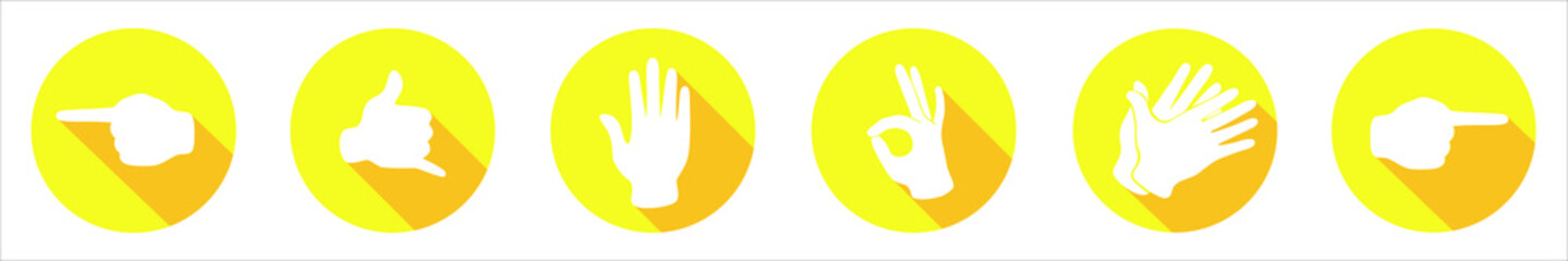 Vector flat icon set of six items. Sign with hand. Communication symbol. White hand with gesture on yellow round background isolated on white. Web button. Mood sticker. Modern illustration