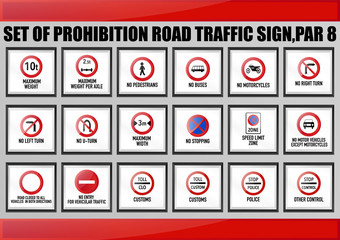 Set of warning, notification, mandatory, prohibition, priority road traffic sign for education, learning for driving license courses. Max weight, no turn, pakring, stopping. stop control
