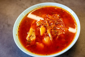 Ukrainian national dish classic red borsch.
