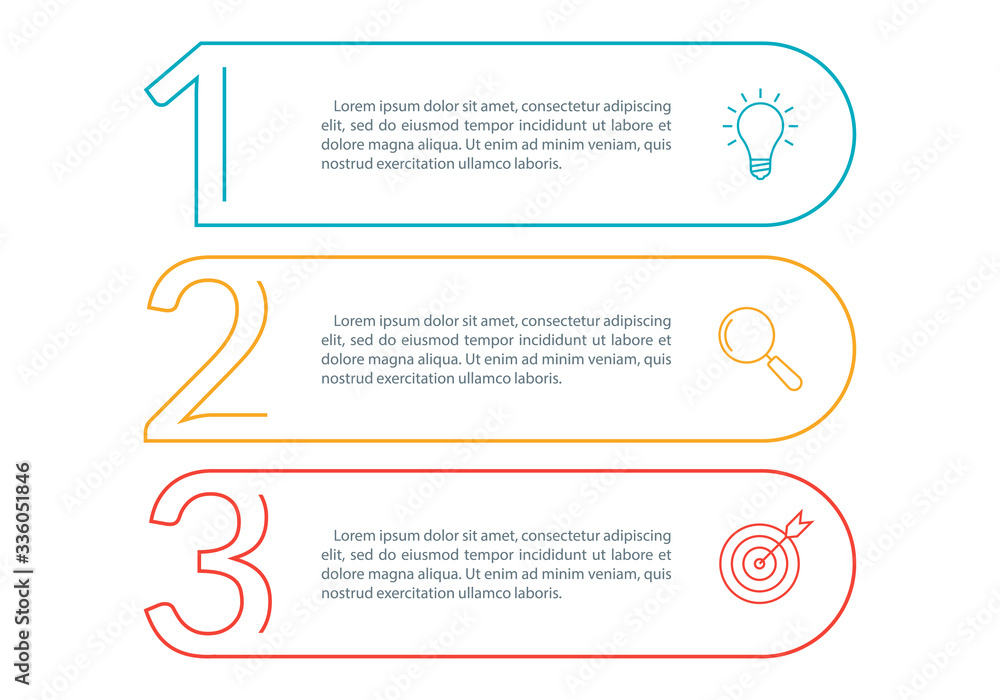 Fototapete 3 steps info graphic with business icons and copy space. infographics template with outline numbers.