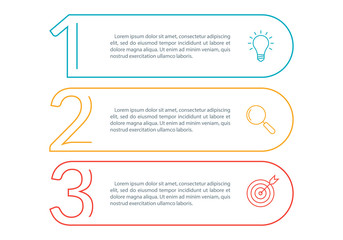 3 steps info graphic with business icons and copy space. Infographics template with outline numbers. Three parts or options for menu and  workflow layout design. Vector illustration.