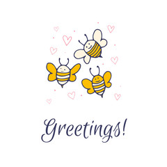 Greeting card with cute yellow bee.