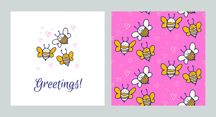 Set of greeting cards. Funny pattern with cute yellow bee.
