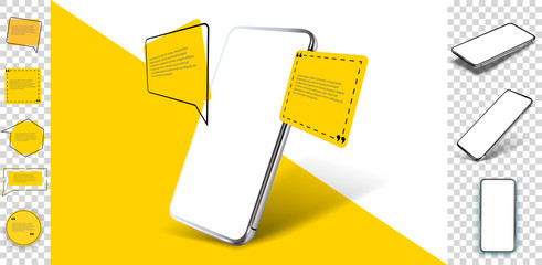 Smartphone frameless blank screen, rotated position. 3d isometric illustration cell phone. Smartphone perspective view. Template for infographics, presentation business card, flyer, brochure, UI/UX