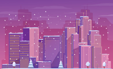 Night winter city with skyscrapers and falling snow. Flat illustration vetkor.