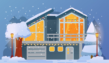 Christmas house decorated garlanded by snowfall,with luminous street lights. Winter rural landscape with fir trees in the snow. Holiday illustration vector.