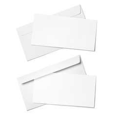 Set of white envelopes with blank paper sheets, isolated on white background