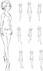 Cartoon cute, pretty, charming, girl relax walks, smiling and looking around in pencil style. One color character.