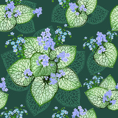 Beautiful openwork brunnera leaves and charming forget-me-nots on a green background. Textile composition, template for design of print, fabric, wallpaper and box.