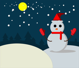 Snow man on night winter