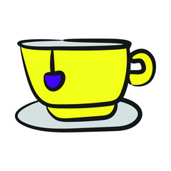 Hot tea cup icon, hand drawn design of cup with saucer 