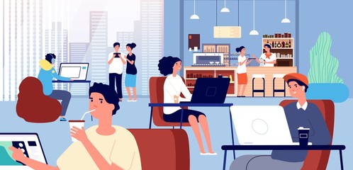 Working in cafe. Coffee store, business coworking inside bar. Friends meeting, smiling people work computer, and barista vector illustration. Cafe for meeting break, characters coworking and freelance