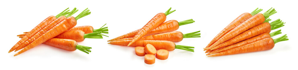 Carrot collection clipping path. Carrot isolated on white background. Big set fresh carrot. Professional studio macro shooting.