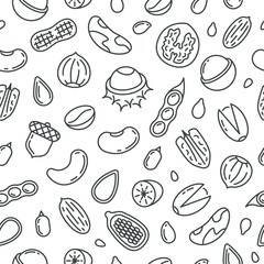 Fototapeta na wymiar Nuts pattern. Thins line almond, snack texture. Seed nut mix, raw and protein food. Walnut, cashew and pistachio vector seamless. Food cashew almond, snack pattern walnut or hazelnut illustration