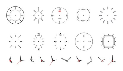 Clock faces. Modern wall watch face design. Isolated dials with needles, numbers and arrows. Black minimalistic timepiece vector symbols. Time and clock, number hour and second illustration