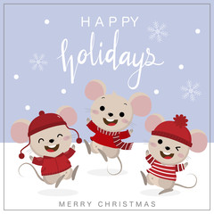 Obraz na płótnie Canvas Cute mouse and rat in winter costume for happy Christmas holidays. Animal cartoon character set. -Vector