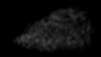 Fog or smoke cloud isolated special effect on black background. White vector cloudiness, mist or smog background. White cloud on black backdrop. Transparent smoke. Magic template. Vector illustration.