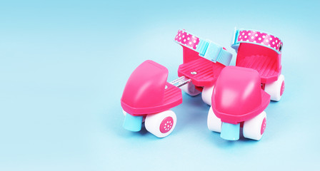 Pink roller skates for a glamorous girl. Retro four-wheeled rollers. The first videos for the child.