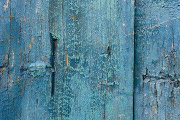 Vintage boards painted with colored paint on the peeling surface. Weathered coating of wood material.
