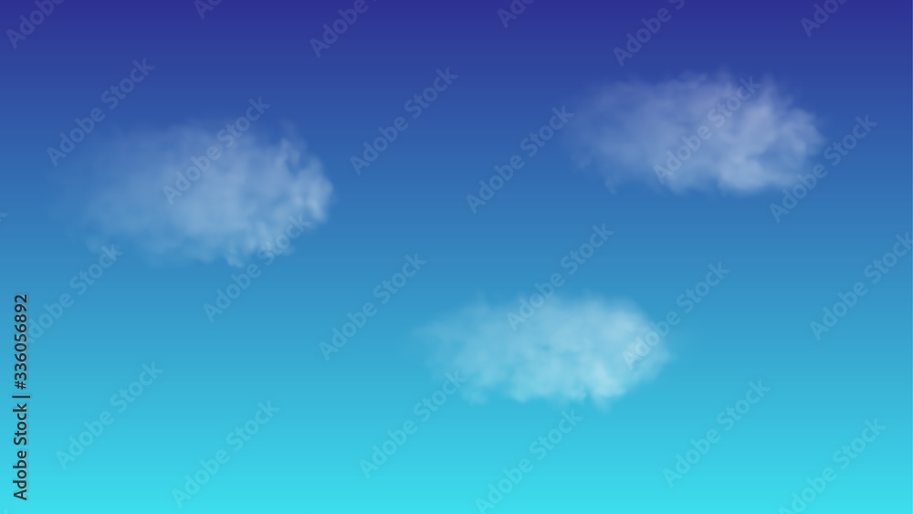 Poster realistic clouds on a blue heavenly background. vector illustrations set. white transparent, isolate
