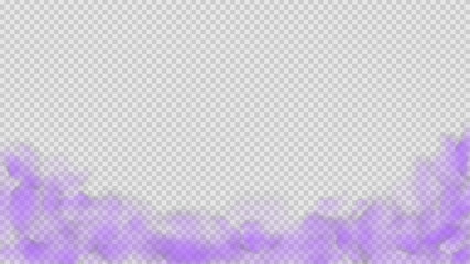 Purple smoke isolated on transparent background. Bright vector cloudiness, mist or smog background. Steam special effect. Realistic colorful fog or mist texture. Vector illustration of purple smoke. © julimur