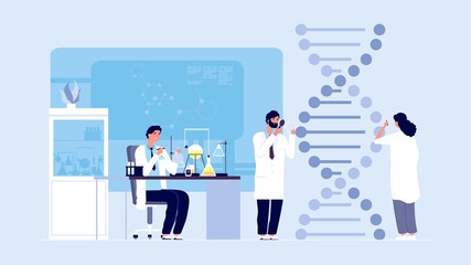 Genetic science. DNA molecule laboratory research, gene structure information. Biological or behaviour experiments, medicine microbiology vector concept. Medical research, dna gene illustration