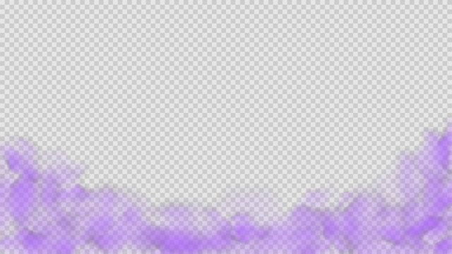 Purple smoke isolated on transparent background. Bright vector cloudiness, mist or smog background. Steam special effect. Realistic colorful fog or mist texture. Vector illustration of purple smoke.