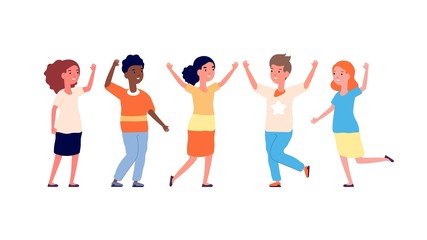 Multicultural kids. Joy children, happy boys and girls. International friends laughing and smiling. Teenagers vector illustration. Friendship childhood, people multicultural happiness group kids