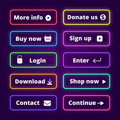 Neon buttons. Glow enter shop web badges. Click lighting frames for site. Modern glowing internet website button. Login shopping vector icons. Neon glow sign up and donate, shop glowing illustration