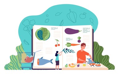 Recipe book. Man cooking healthy food. Culinary concept with tiny people and ingredients. Restaurant, cafe or home kitchen workshop vector illustration. Man preparation food, eco natural dish