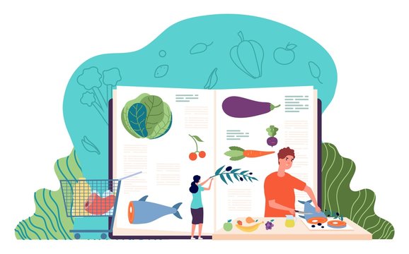 Recipe book. Man cooking healthy food. Culinary concept with tiny people and ingredients. Restaurant, cafe or home kitchen workshop vector illustration. Man preparation food, eco natural dish